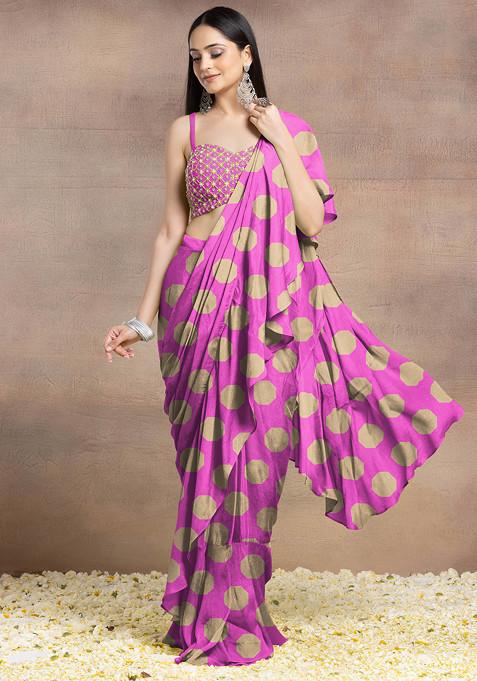 Pink Pre-Stitched Saree Set With Pearl Hand Embroidered Blouse