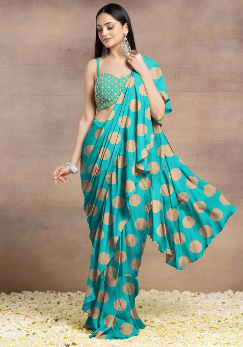 Blue Pre-Stitched Saree Set With Pearl Hand Embroidered Blouse