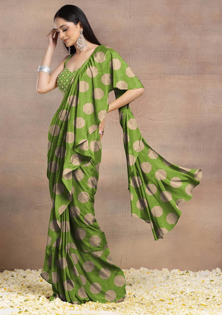 Green Pre-Stitched Saree Set With Pearl Hand Embroidered Blouse