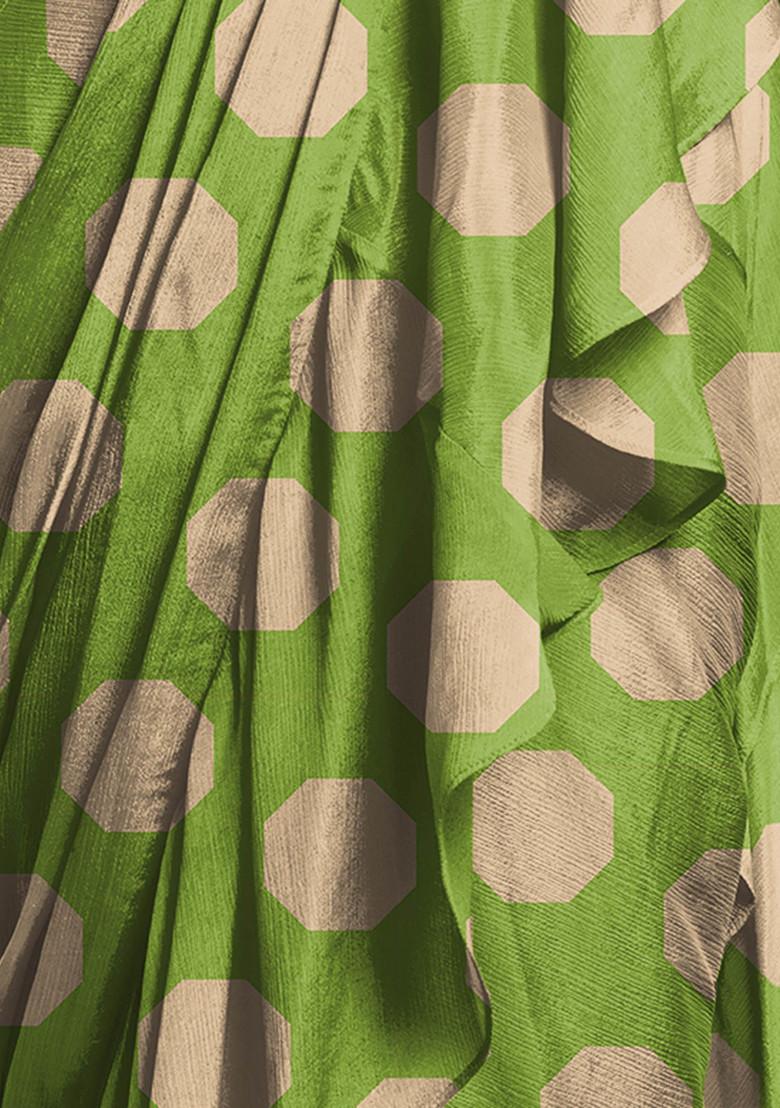 Green Pre-Stitched Saree Set With Pearl Hand Embroidered Blouse