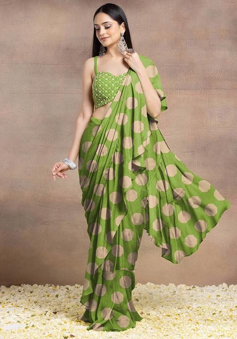 Green Pre-Stitched Saree Set With Pearl Hand Embroidered Blouse