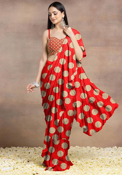 Red Pre-Stitched Saree Set With Pearl Hand Embroidered Blouse