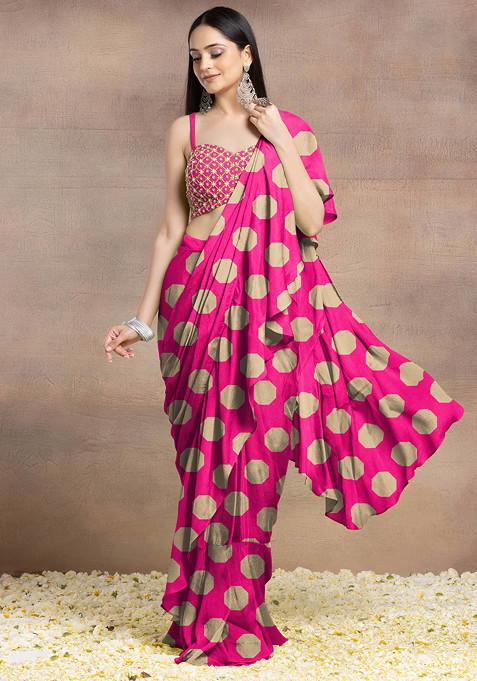 Pink Pre-Stitched Saree Set With Pearl Hand Embroidered Blouse