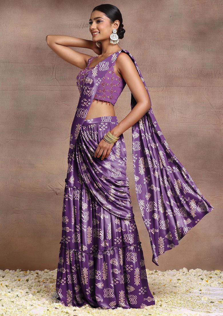 Purple Pre-Stitched Saree Set With Sequin Hand Embroidered Blouse And Belt