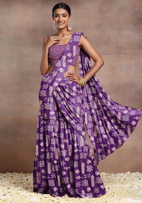 Purple Pre-Stitched Saree Set With Sequin Hand Embroidered Blouse And Belt