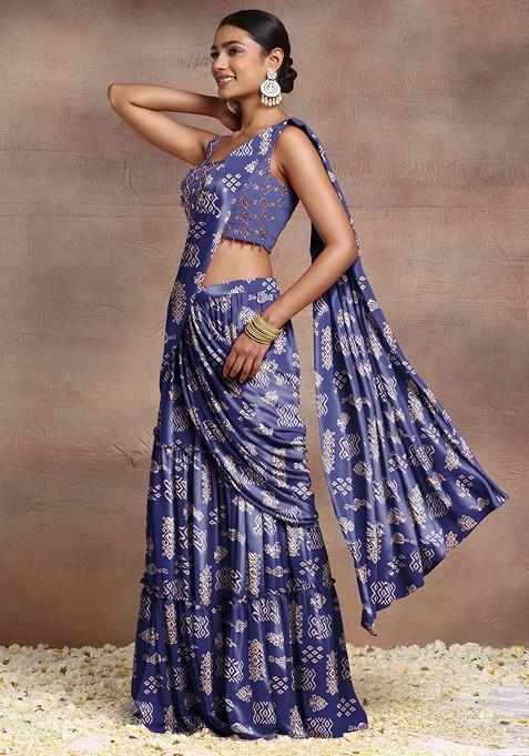 Blue Pre-Stitched Saree Set With Sequin Hand Embroidered Blouse And Belt