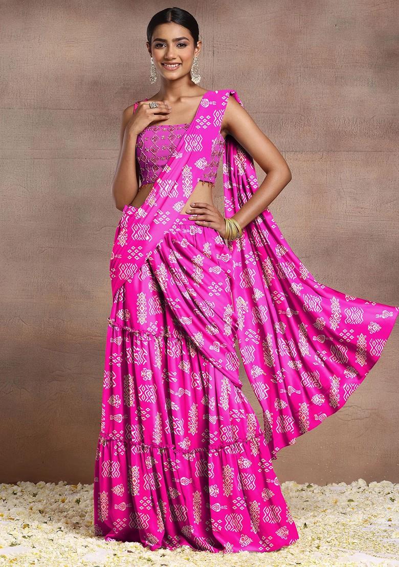 Pink Pre-Stitched Saree Set With Sequin Hand Embroidered Blouse And Belt
