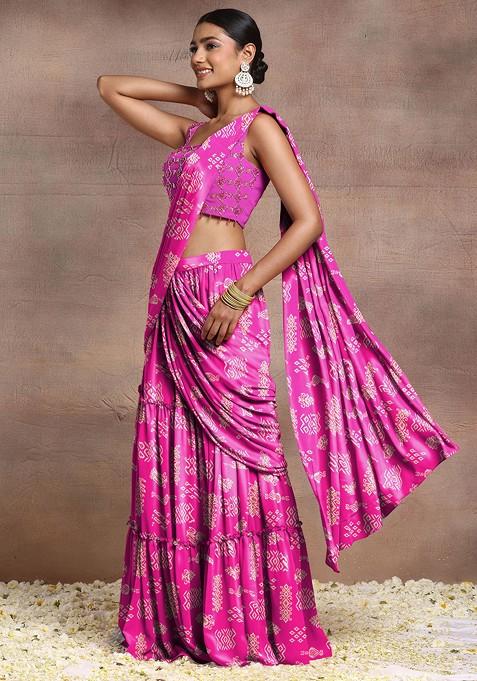 Pink Pre-Stitched Saree Set With Sequin Hand Embroidered Blouse And Belt