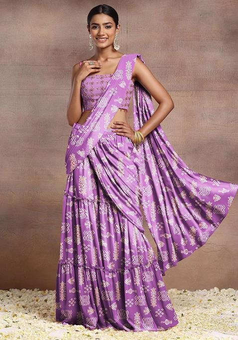 Purple Pre-Stitched Saree Set With Hand Embroidered Blouse And Belt