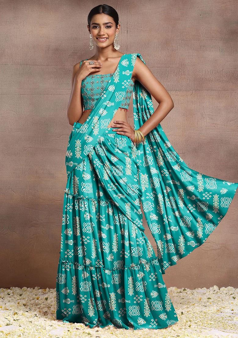 Blue Pre-Stitched Saree Set With Sequin Hand Embroidered Blouse And Belt