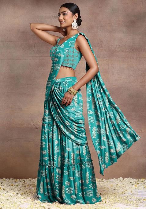 Blue Pre-Stitched Saree Set With Sequin Hand Embroidered Blouse And Belt