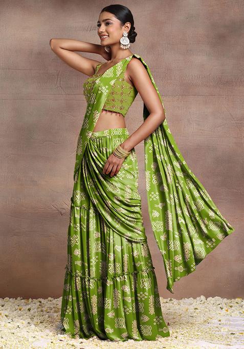 Green Pre-Stitched Saree Set With Sequin Hand Embroidered Blouse And Belt