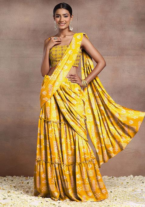 Yellow Pre-Stitched Saree Set With Sequin Hand Embroidered Blouse And Belt