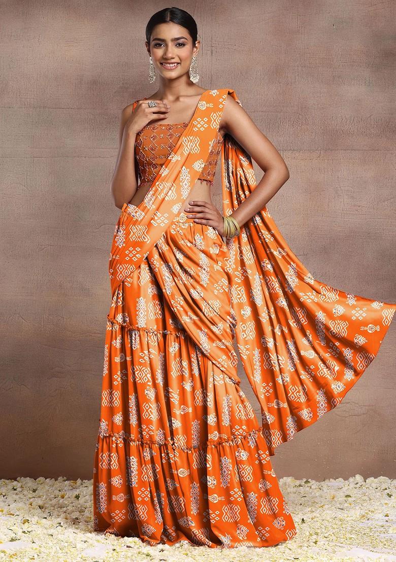 Orange Pre-Stitched Saree Set With Sequin Hand Embroidered Blouse And Belt