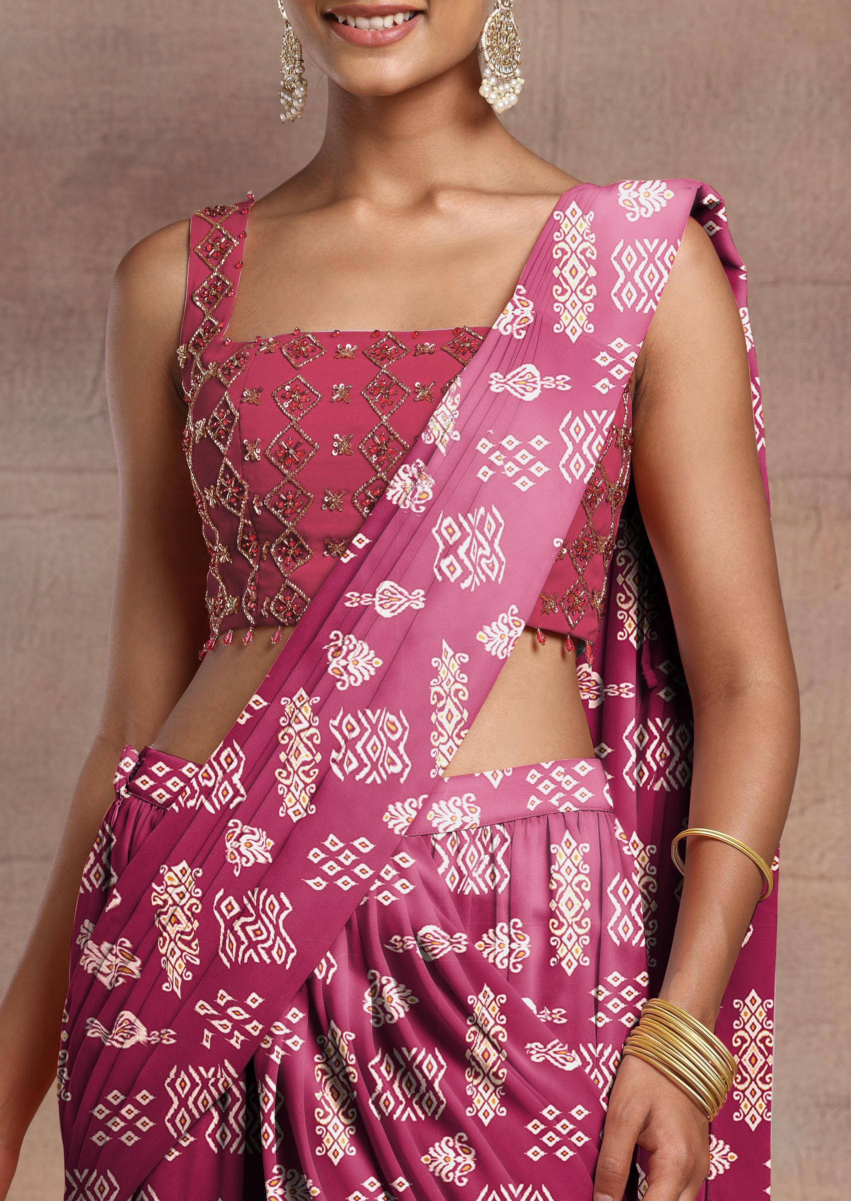 Buy Women Maroon Pre-Stitched Saree Set With Sequin Hand