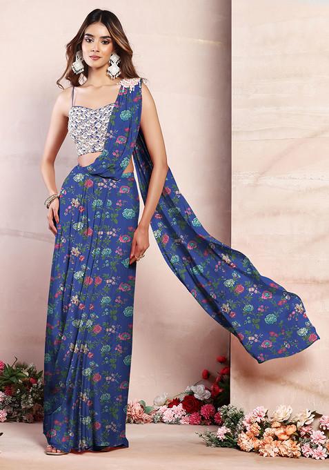 Blue Pre-Stitched Saree Set With Sequin Hand Embroidered Blouse