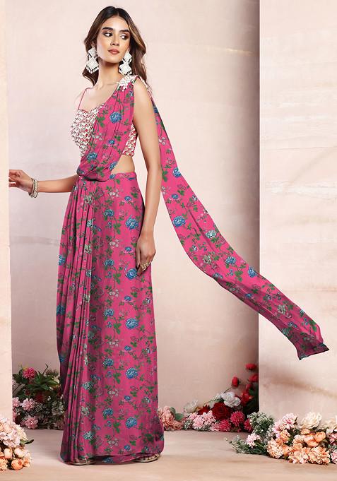 Pink Pre-Stitched Saree Set With Sequin Pearl Hand Embroidered Blouse