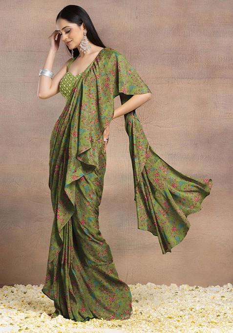 Green Pre-Stitched Saree Set With Grid Embroidered Blouse