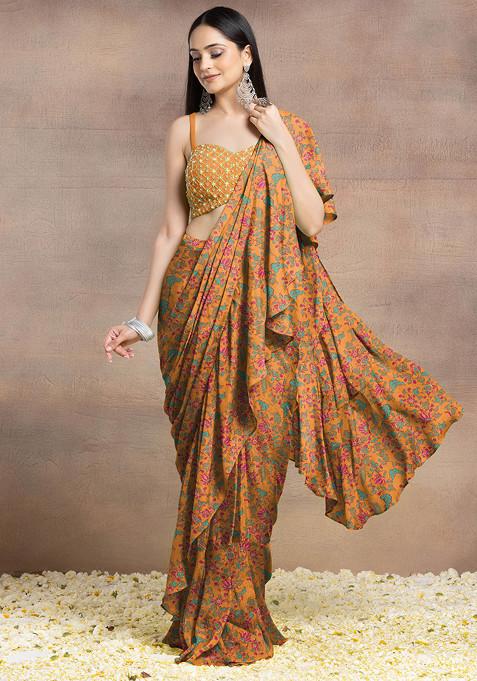 Orange Pre-Stitched Saree Set With Pearl Hand Embroidered Blouse