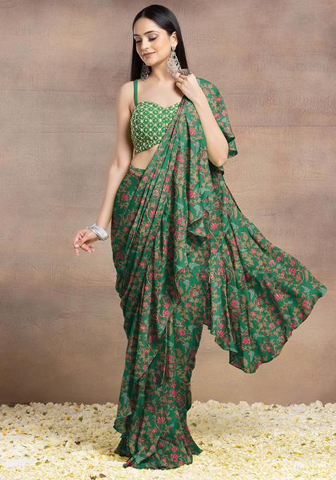 Green Pre-Stitched Saree Set With Pearl Hand Embroidered Blouse