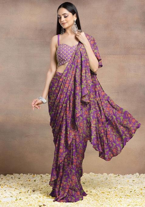 Purple Pre-Stitched Saree Set With Pearl Hand Embroidered Blouse