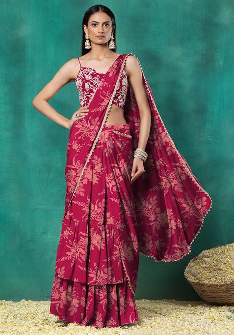 Red Tiered Pre-Stitched Saree Set With Floral Pearl Hand Embroidered Blouse