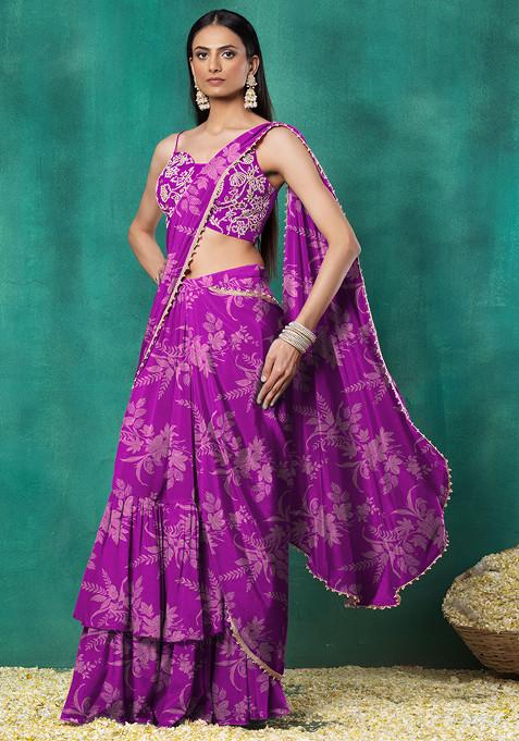 Purple Pre-Stitched Saree Set With Floral Pearl Hand Embroidered Blouse