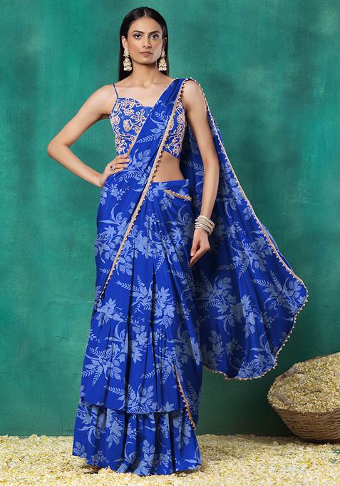 Blue Tiered Pre-Stitched Saree Set With Pearl Hand Embroidered Blouse