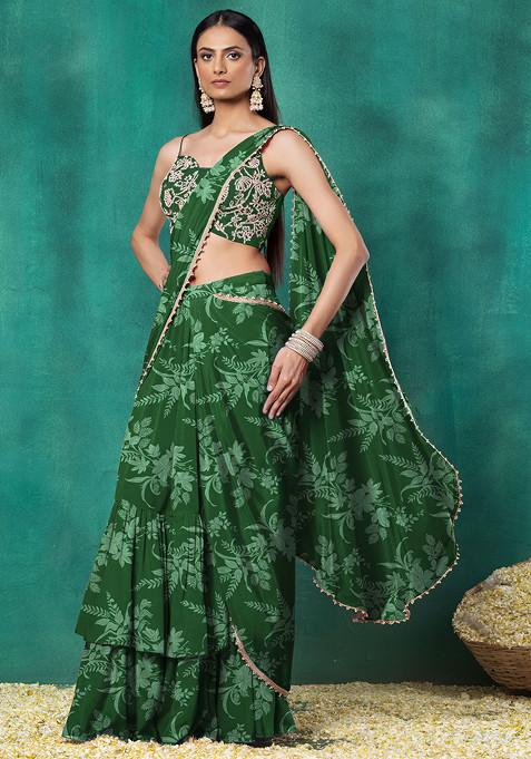 Green Tiered Pre-Stitched Saree Set With Pearl Hand Embroidered Blouse