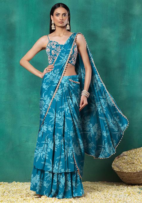 Blue Tiered Pre-Stitched Saree Set With Floral Pearl Hand Embroidered Blouse