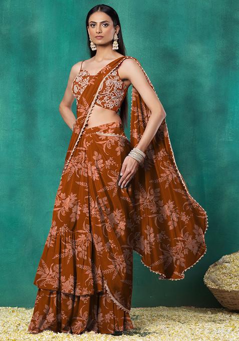 Brown Tiered Pre-Stitched Saree Set With Pearl Hand Embroidered Blouse