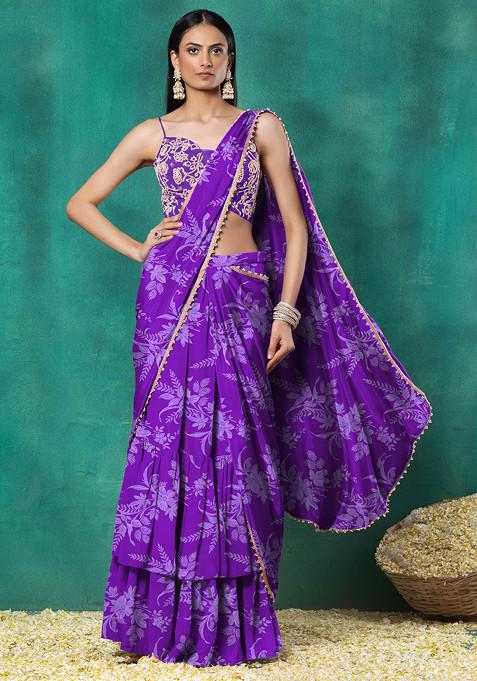 Purple Tiered Pre-Stitched Saree Set With Floral Pearl Hand Embroidered Blouse