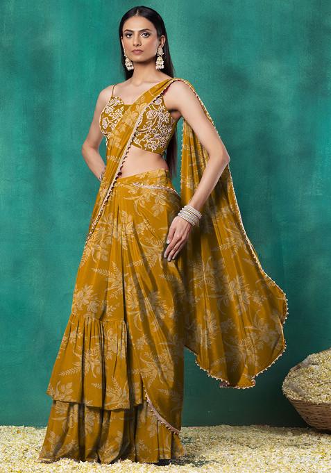 Yellow Tiered Pre-Stitched Saree Set With Floral Pearl Hand Embroidered Blouse