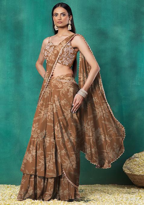 Brown Tiered Pre-Stitched Saree Set With Floral Pearl Hand Embroidered Blouse