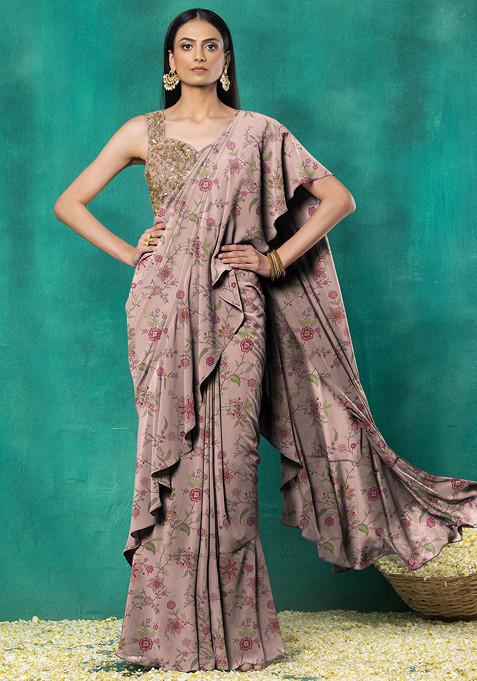 Peach Ruffled Pre-Stitched Saree Set With Sequin Leaf Hand Embroidered Blouse