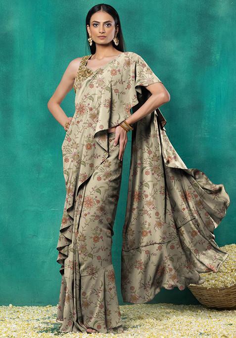 Beige Ruffled Pre-Stitched Saree Set With Sequin Leaf Hand Embroidered Blouse