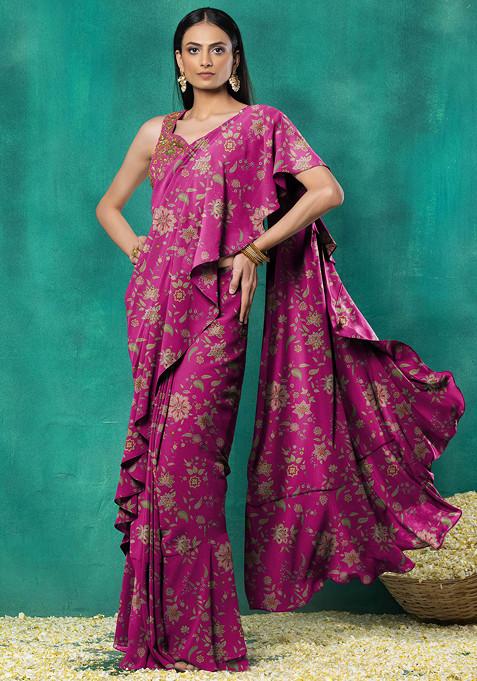 Pink Ruffled Pre-Stitched Saree Set With Sequin Leaf Hand Embroidered Blouse