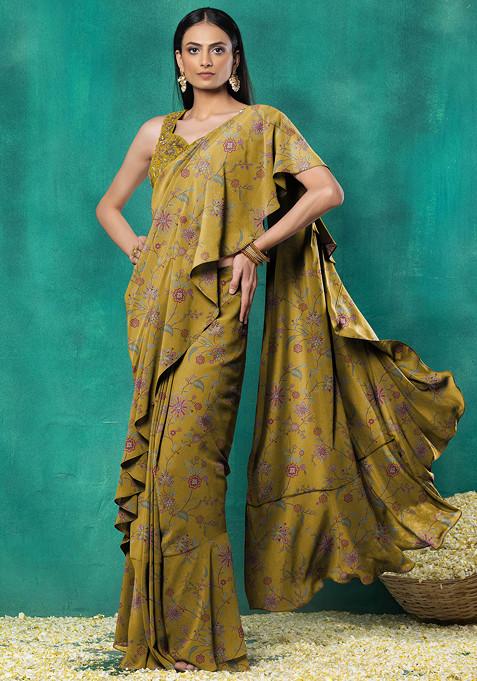 Yellow Ruffled Pre-Stitched Saree Set With Sequin Leaf Hand Embroidered Blouse