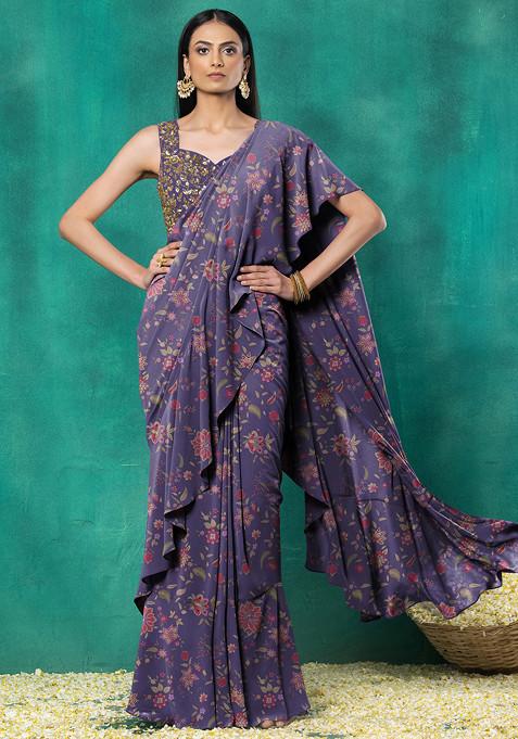 Purple Ruffled Pre-Stitched Saree Set With Sequin Leaf Hand Embroidered Blouse