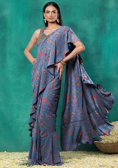 Blue Ruffled Pre-Stitched Saree Set With Sequin Leaf Hand Embroidered Blouse