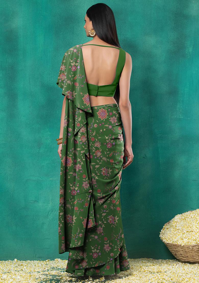 Green Ruffled Pre-Stitched Saree Set With Sequin Leaf Hand Embroidered Blouse