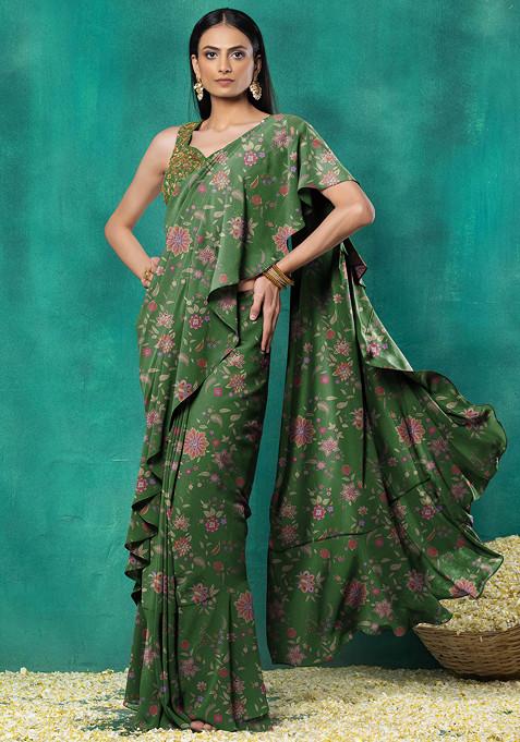 Green Ruffled Pre-Stitched Saree Set With Sequin Leaf Hand Embroidered Blouse