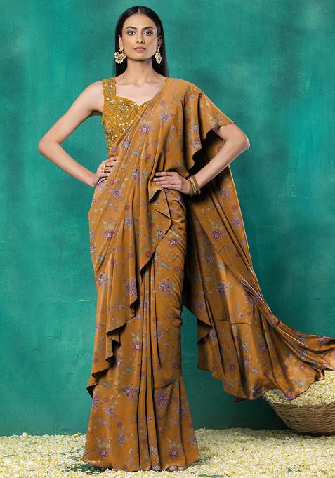 Orange Ruffled Pre-Stitched Saree Set With Sequin Leaf Hand Embroidered Blouse