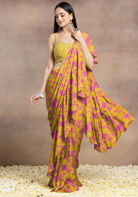 Lime Yellow Pre-Stitched Saree Set With Pearl Hand Embroidered Blouse