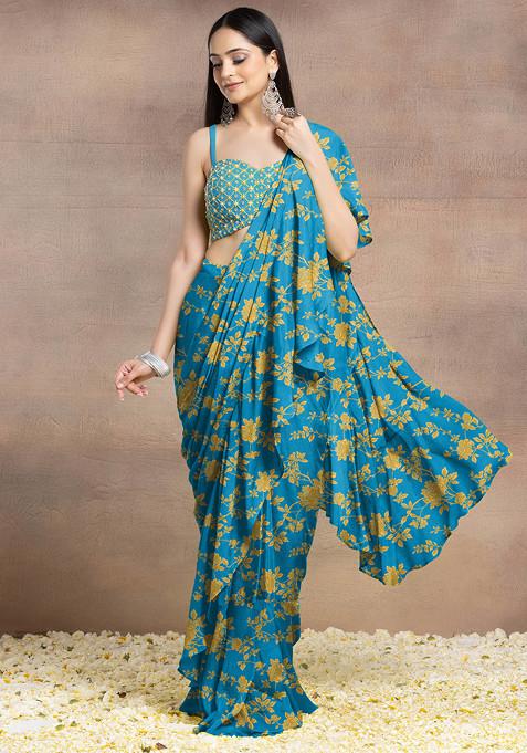 Blue Pre-Stitched Saree Set With Pearl Hand Embroidered Blouse