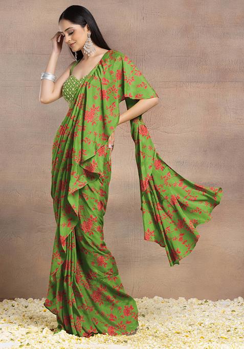 Light Green Pre-Stitched Saree Set With Pearl Hand Embroidered Blouse