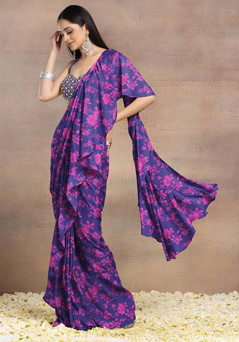 Purple Pre-Stitched Saree Set With Pearl Hand Embroidered Blouse