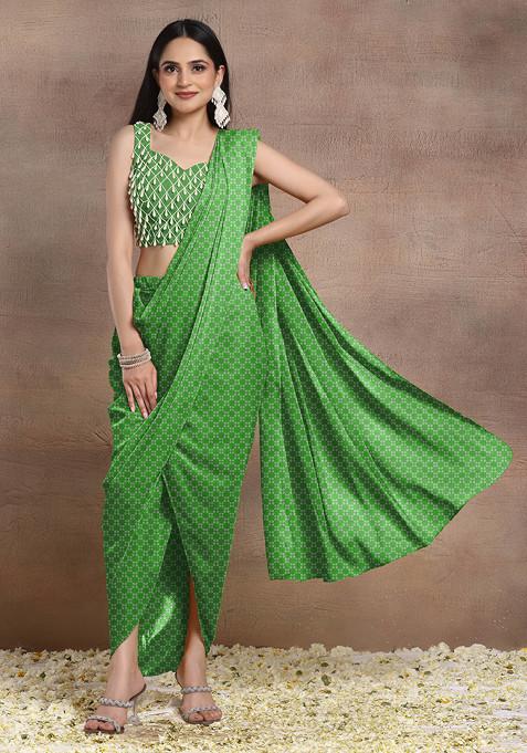 Green Pre-Stitched Saree Set With Pearl Hand Embroidered Blouse