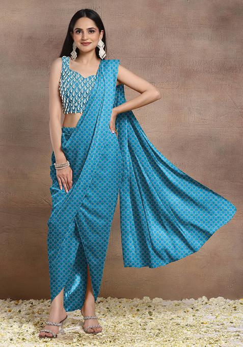 Light Blue Pre-Stitched Saree Set With Pearl Hand Embroidered Blouse