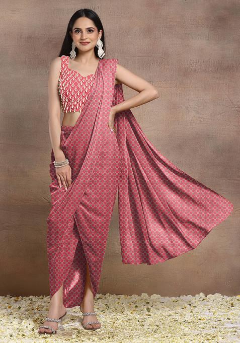 Light Pink Pre-Stitched Saree Set With Pearl Hand Embroidered Blouse